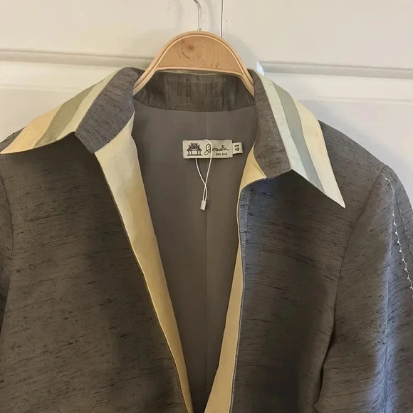 100 Thai silk green gray yellow open front Blazer Size44. SHINAWATRA - Picture 4 of 16